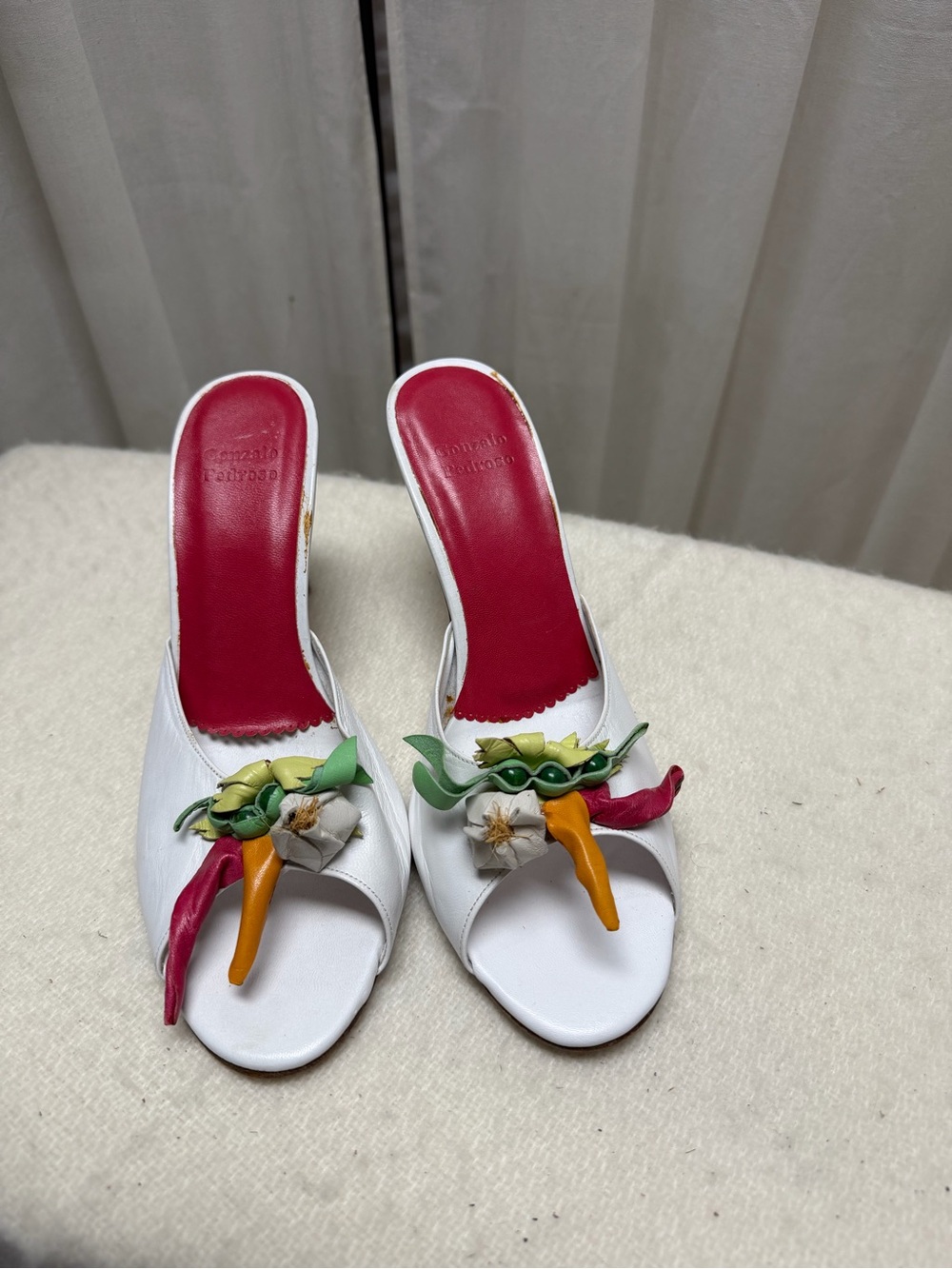 White Floral Embellished Leather Mules - Red Insole